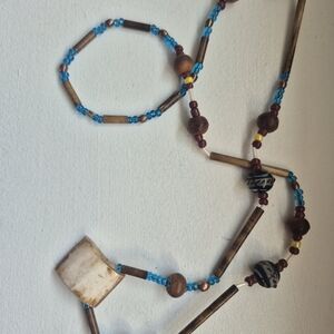 Unique Vintage Blue and Brown Beaded Necklace